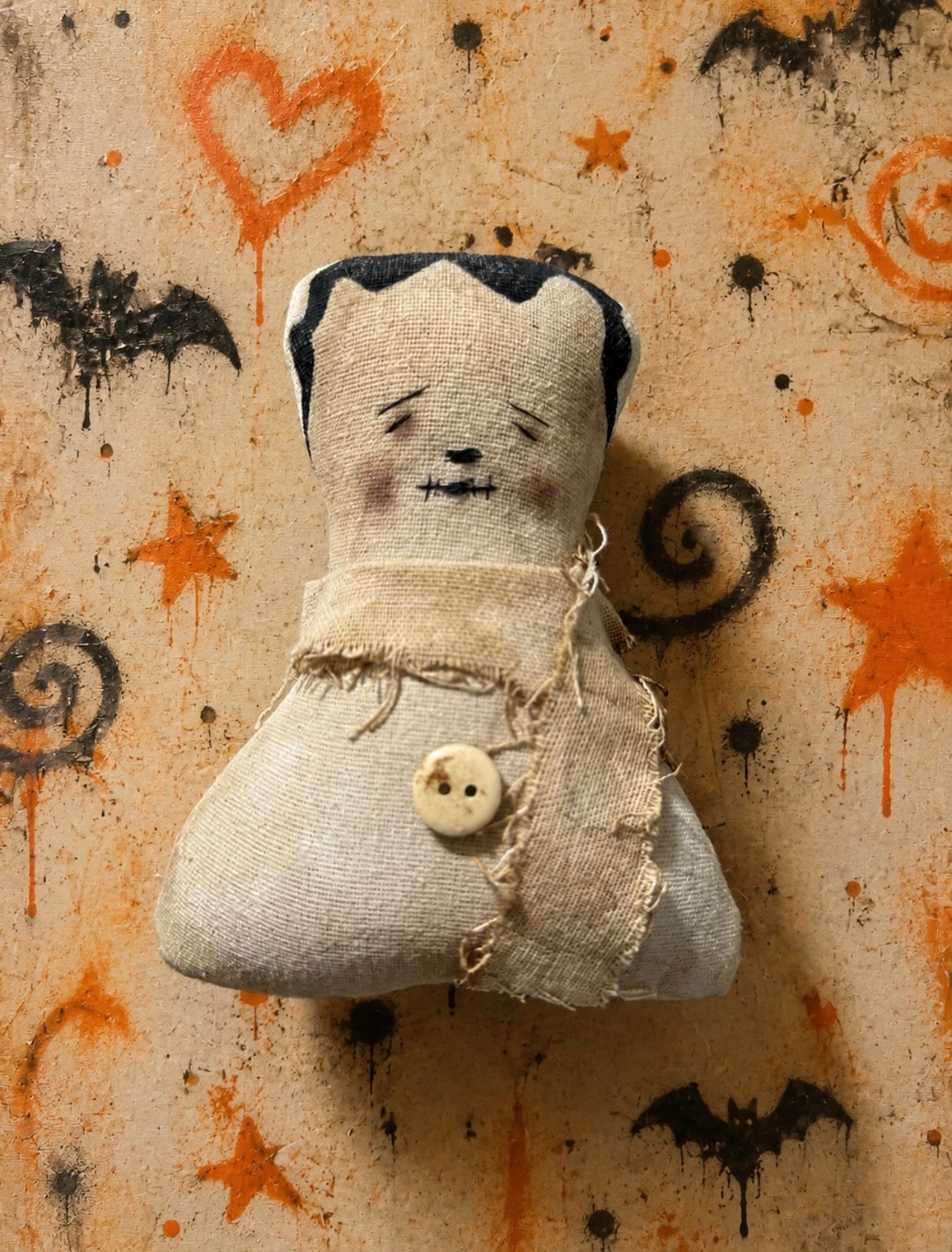 Primitive Bride of Frankenstein Doll | Handmade Halloween Shelf Sitter