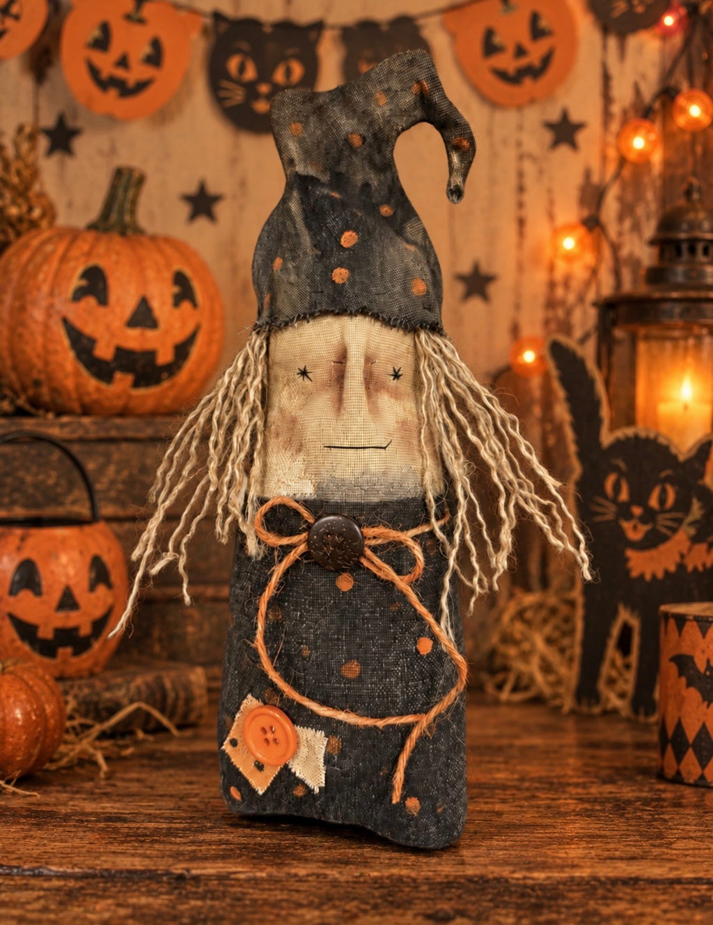 Primitive Halloween Witch Doll – Handmade Rustic Folk Art Decor