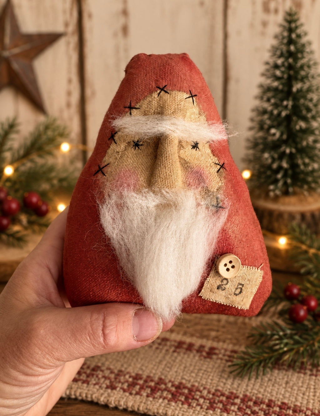 Primitive Santa Doll – Handmade Rustic Christmas Folk Art Shelf Sitter