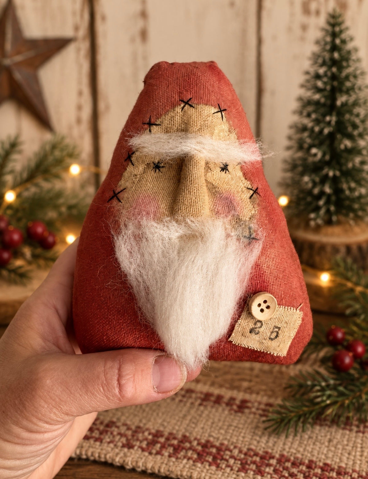 Primitive Santa Doll – Handmade Rustic Christmas Folk Art Shelf Sitter