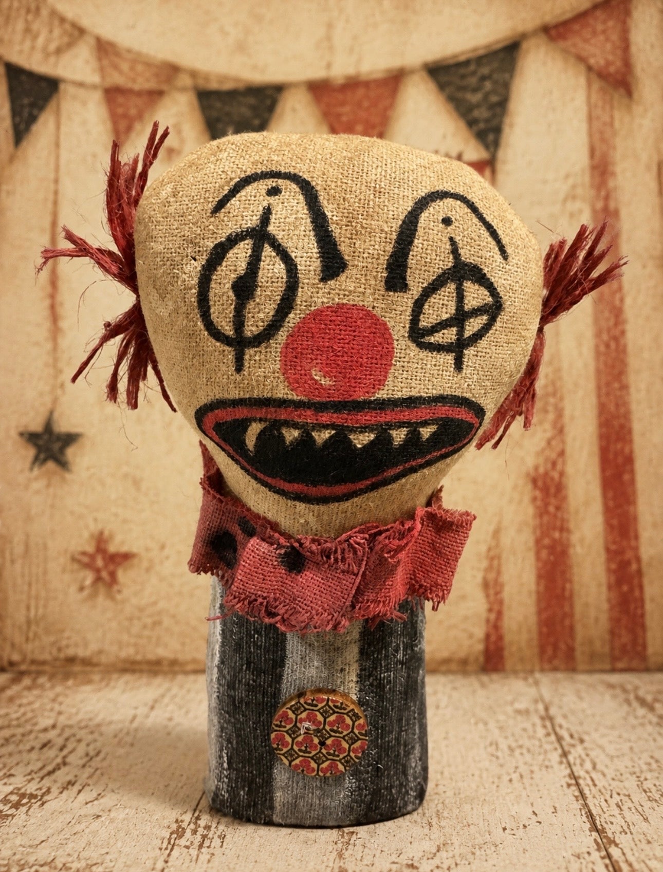 Primitive Creepy Clown Doll, Handmade Rustic Circus Decor