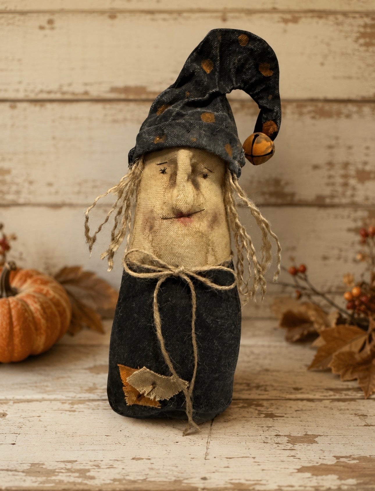 Primitive Witch Doll, Handmade Halloween Shelf Sitter, Rustic Farmhouse Witch Decor