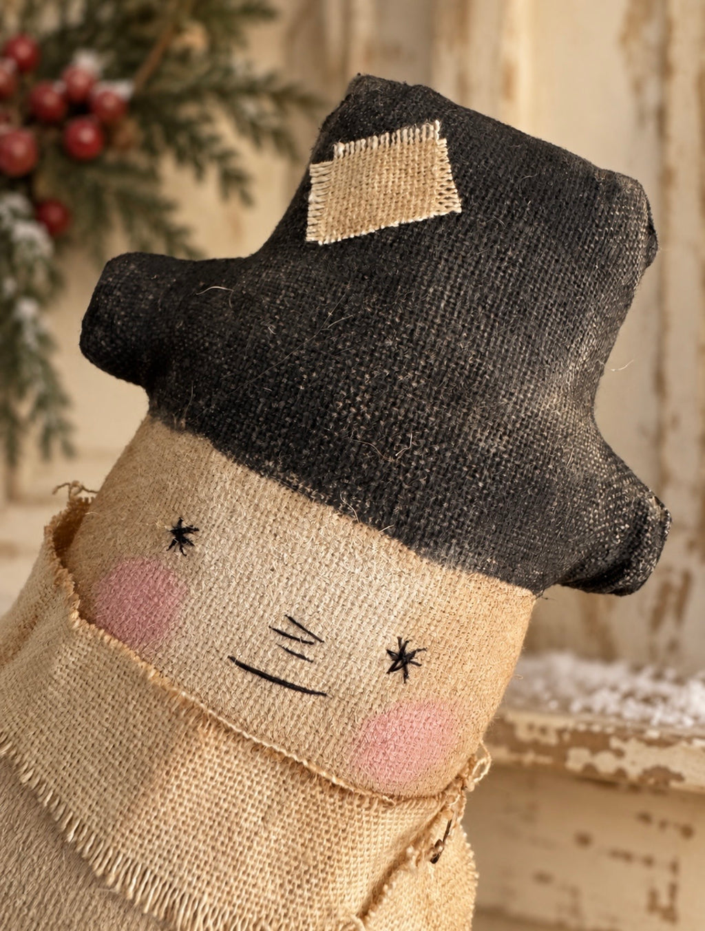 Primitive Snowman Doll – Handmade Rustic Winter Folk Art Shelf Sitter