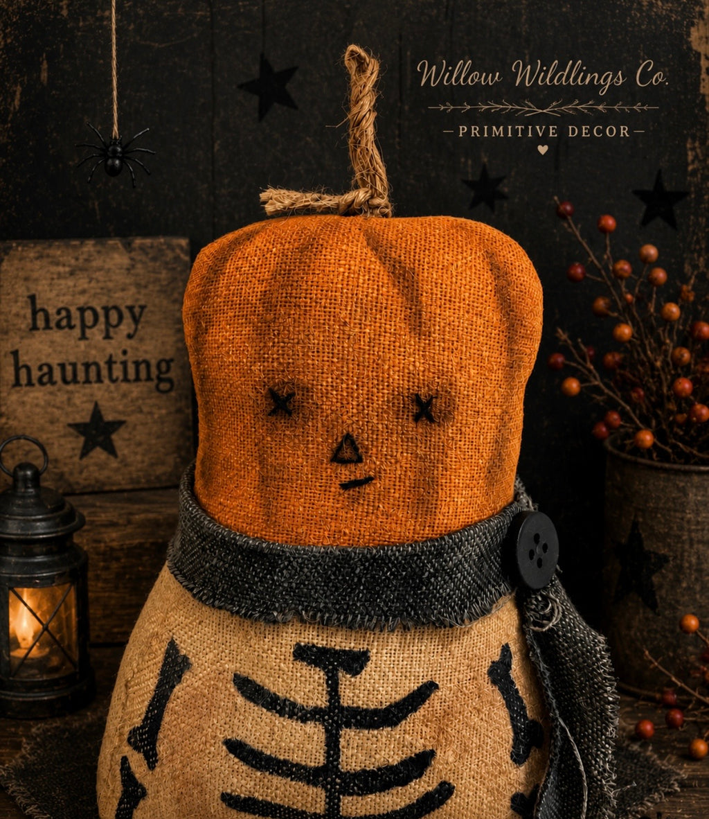 Primitive Pumpkin Skeleton Doll, Handmade Halloween Decor, Rustic Fall Shelf Sitter