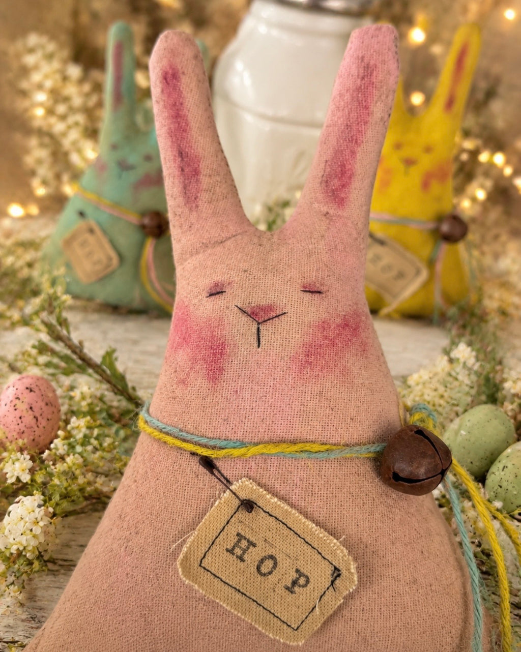 Pink Primitive Easter Bunny - Handmade Spring Folk Art Decor