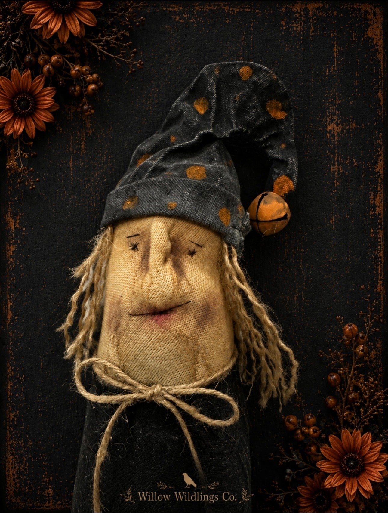 Primitive Witch Doll, Handmade Halloween Shelf Sitter, Rustic Farmhouse Witch Decor