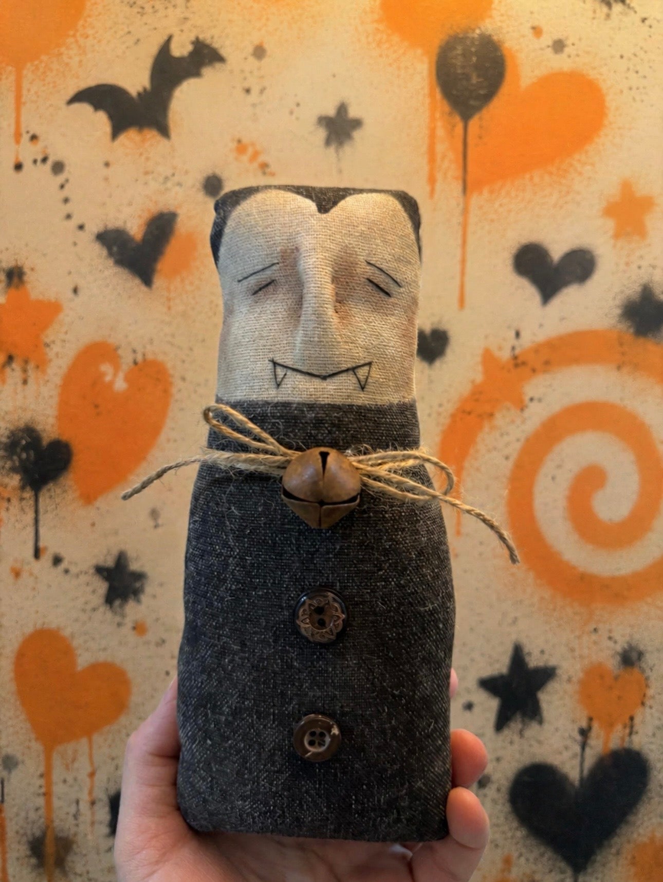 Primitive Vampire Doll, Handmade Dracula Shelf Sitter, Gothic Halloween Decor, Rustic Farmhouse Art Doll