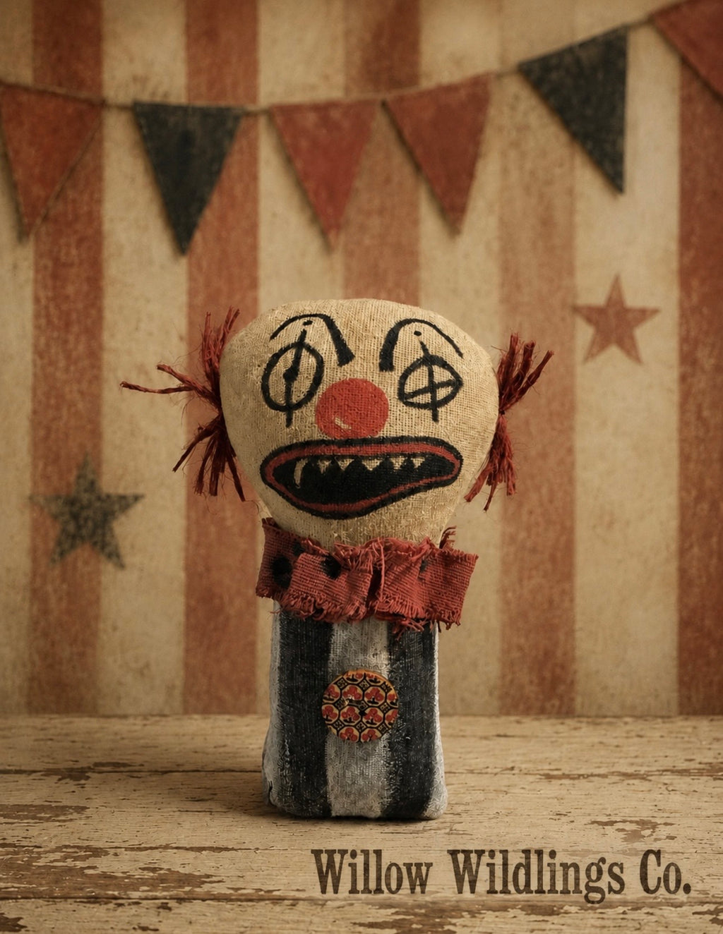 Primitive Creepy Clown Doll, Handmade Rustic Circus Decor
