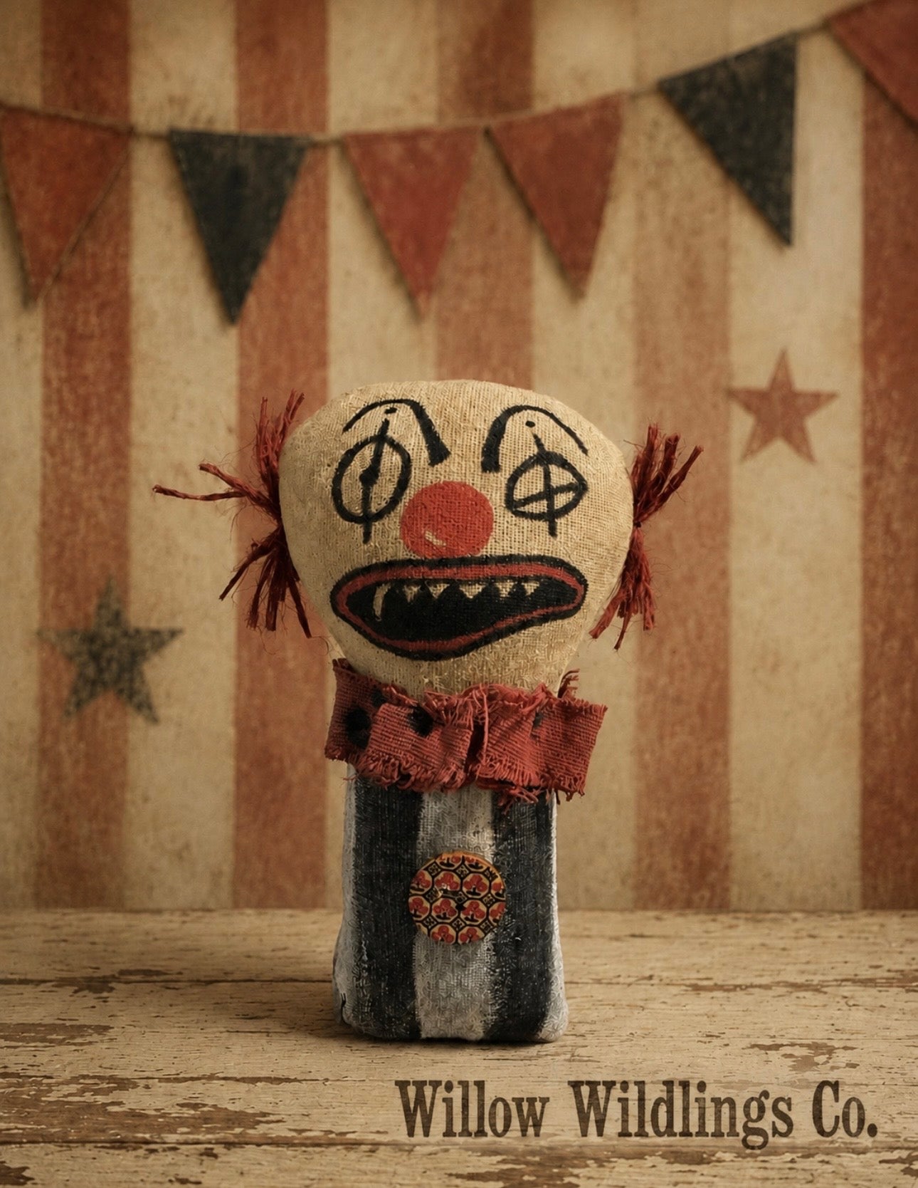 Primitive Creepy Clown Doll, Handmade Rustic Circus Decor