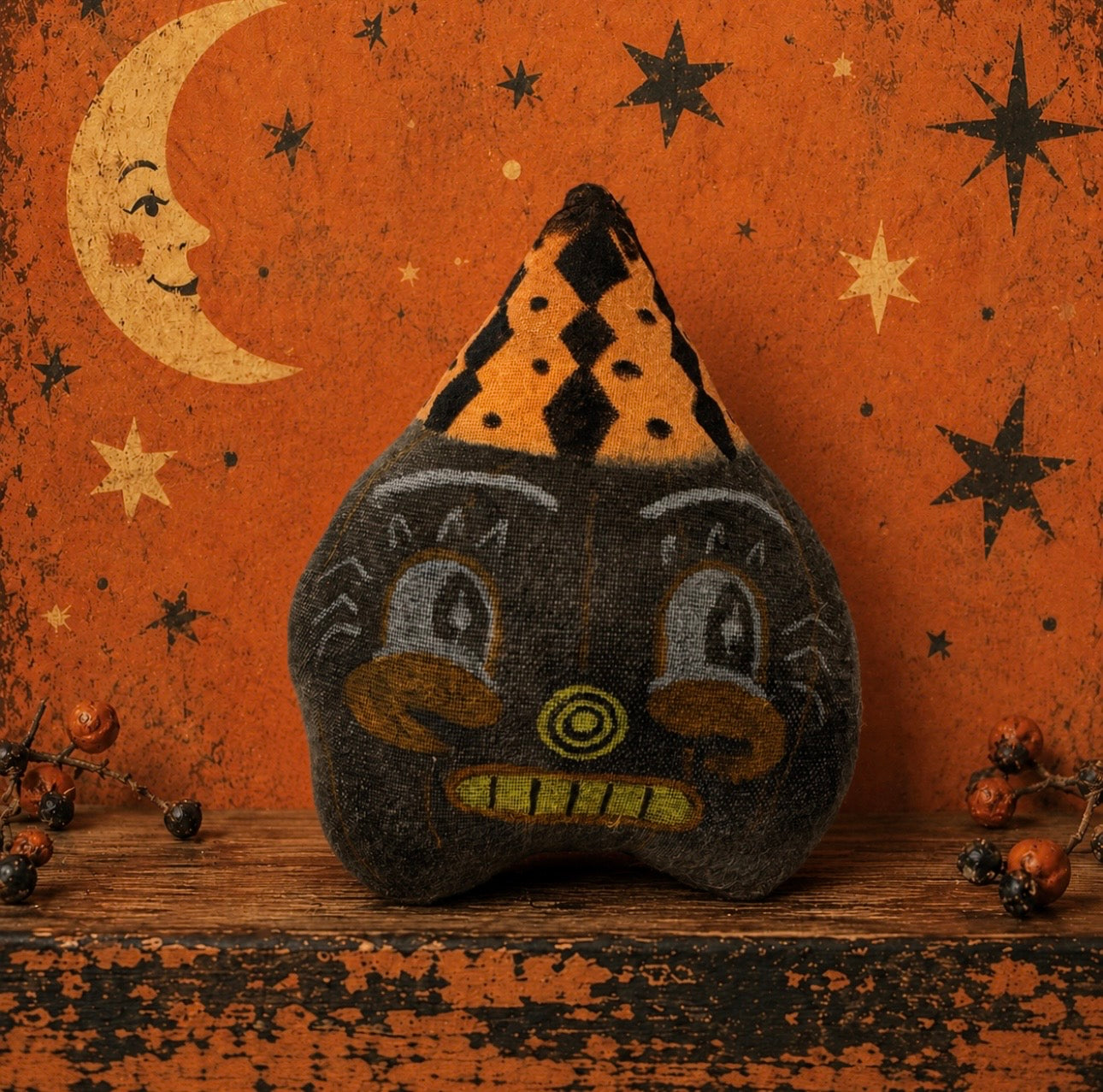 Primitive Halloween Pumpkin Shelf Sitter – Handmade Folk Art Decor