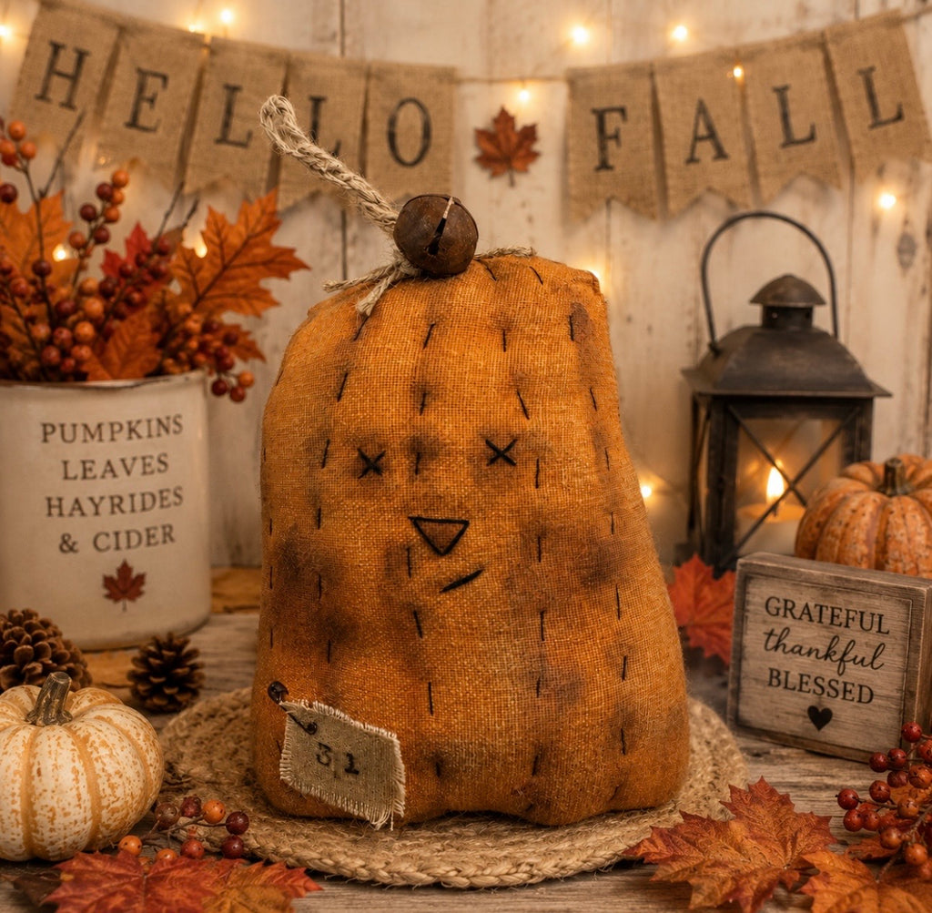 Primitive Pumpkin Doll | Handmade Fall Bowl Filler | Rustic Halloween Decor | Farmhouse Autumn Shelf Sitter