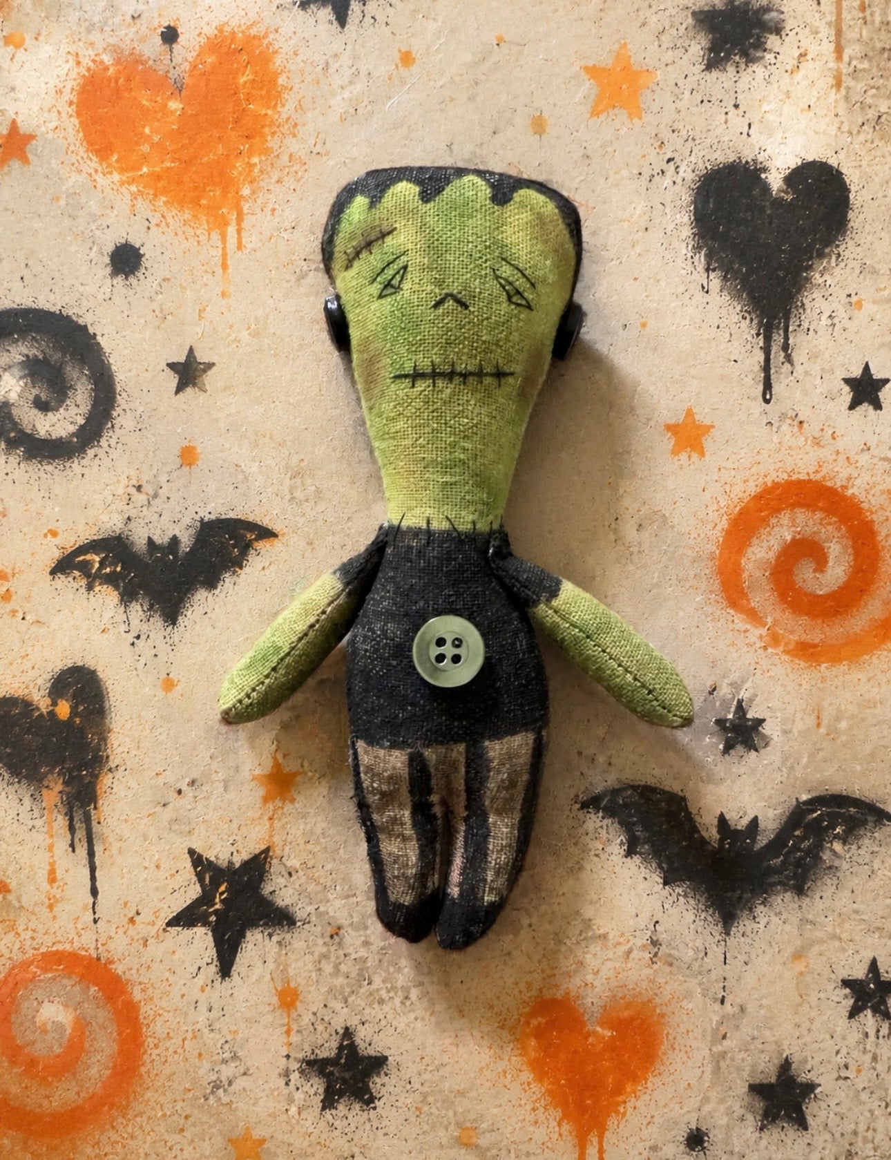 Primitive Frankenstein Doll, Handmade Halloween Decor, Rustic Monster Shelf Sitter