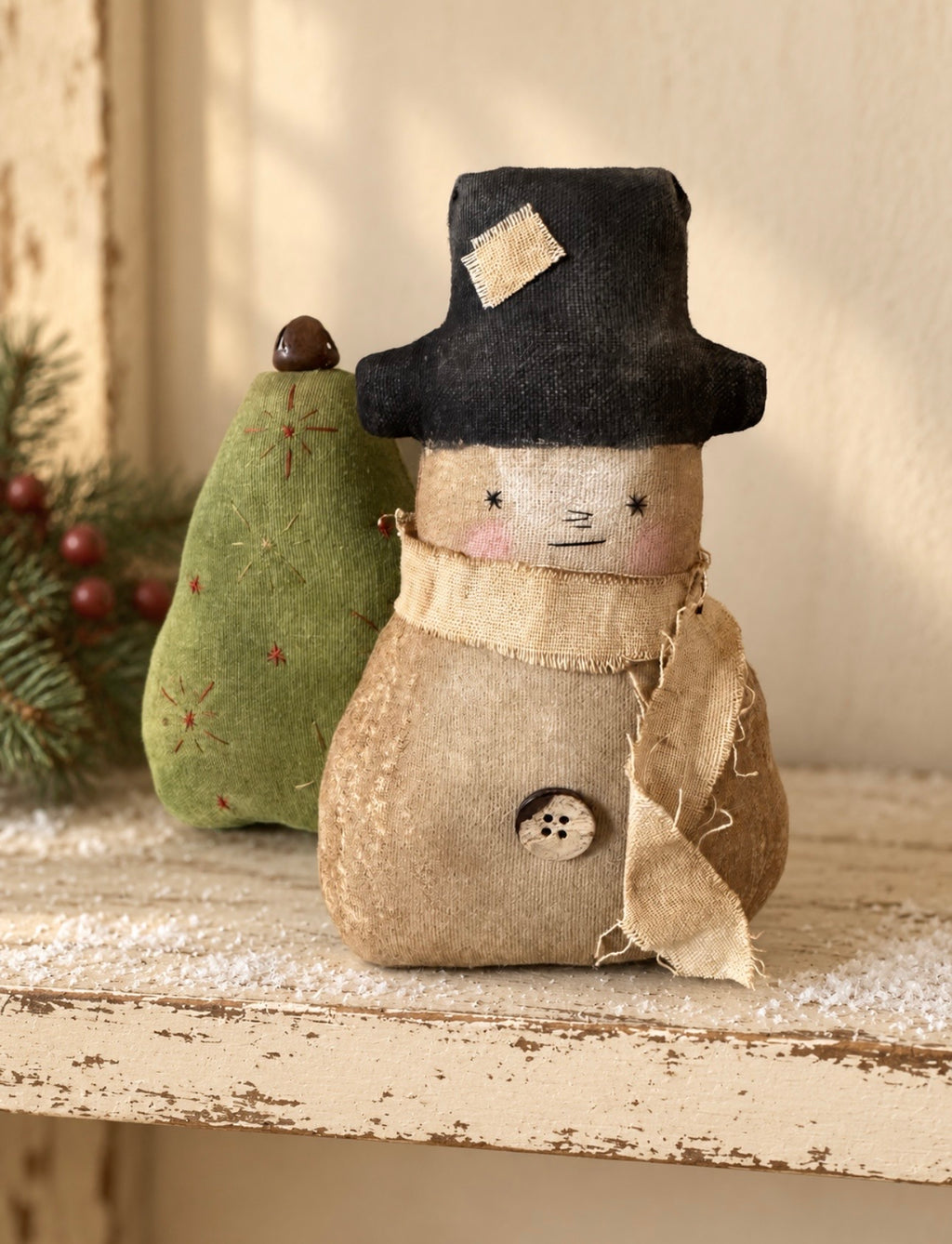 Primitive Snowman Doll – Handmade Rustic Winter Folk Art Shelf Sitter