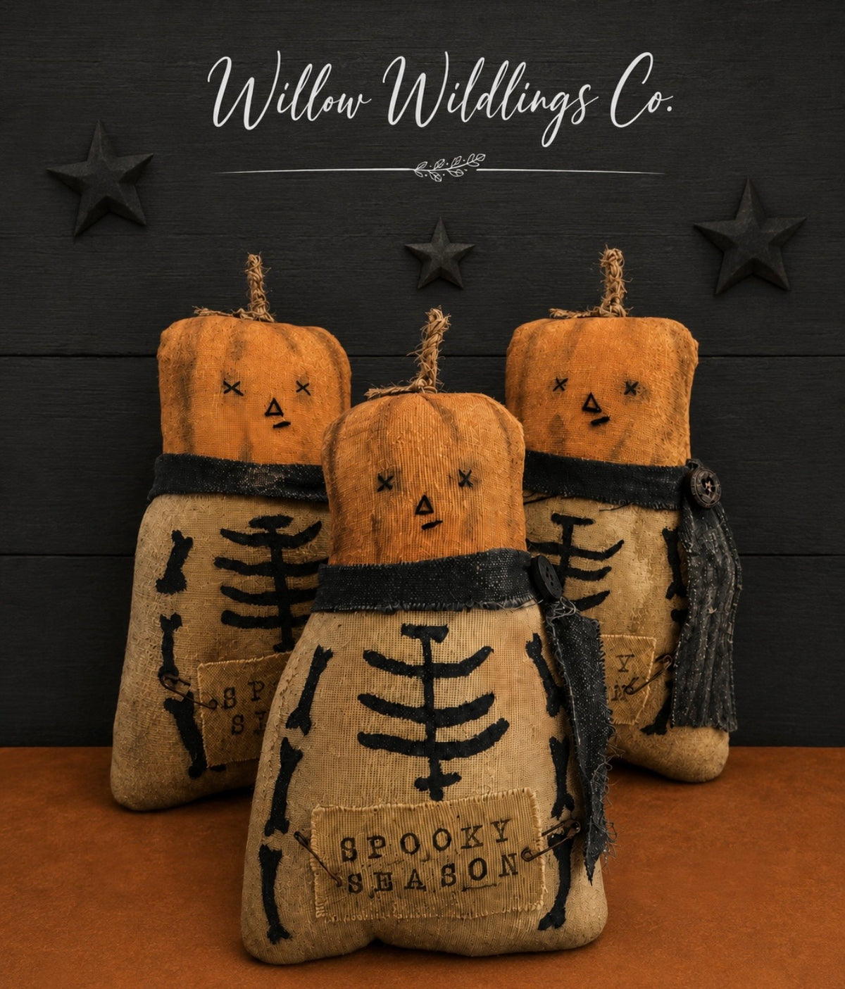 Primitive Pumpkin Skeleton Doll, Handmade Halloween Decor, Rustic Fall Shelf Sitter
