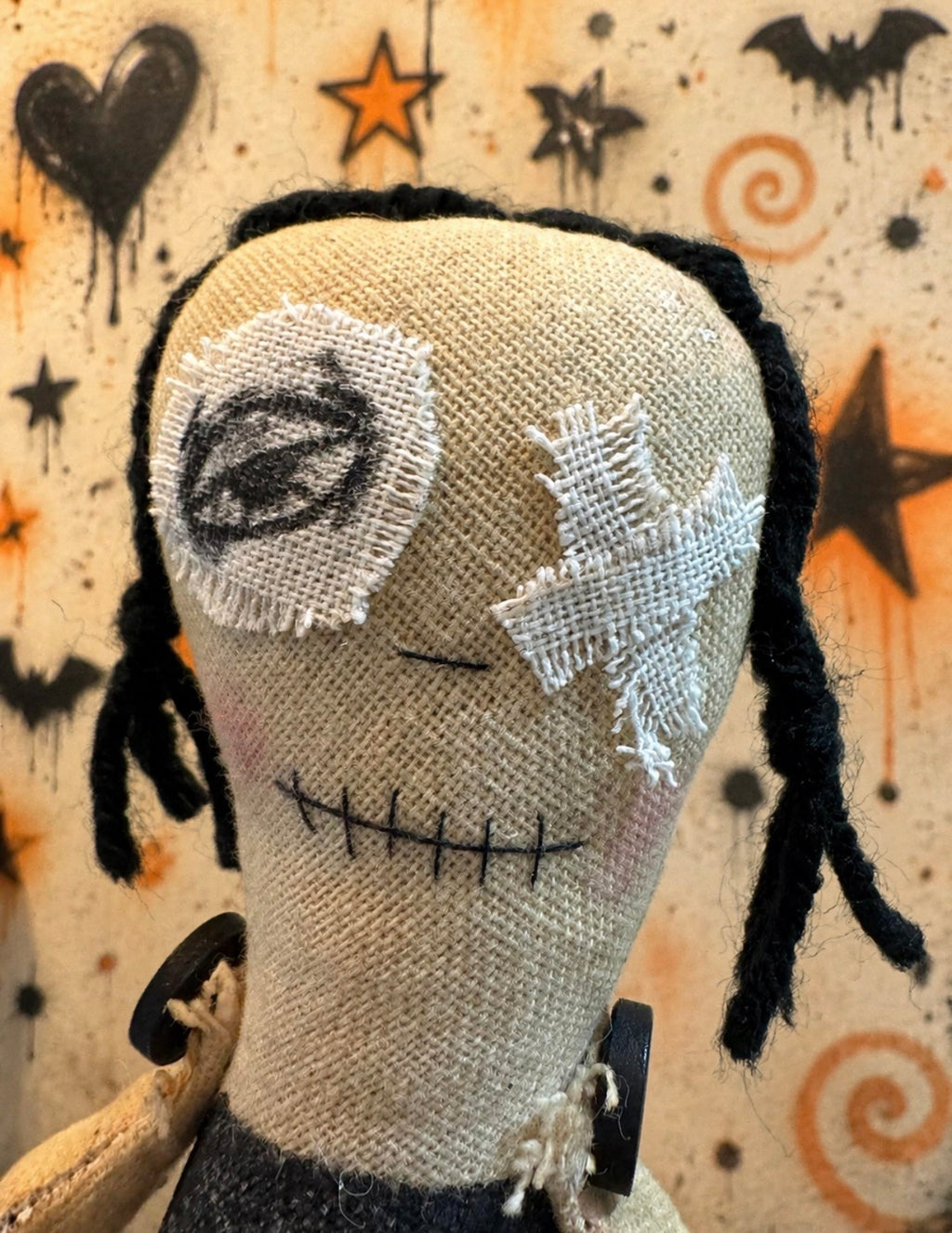 Primitive Halloween Art Doll, Creepy Cute Goth Doll, Handmade Folk Art Decor