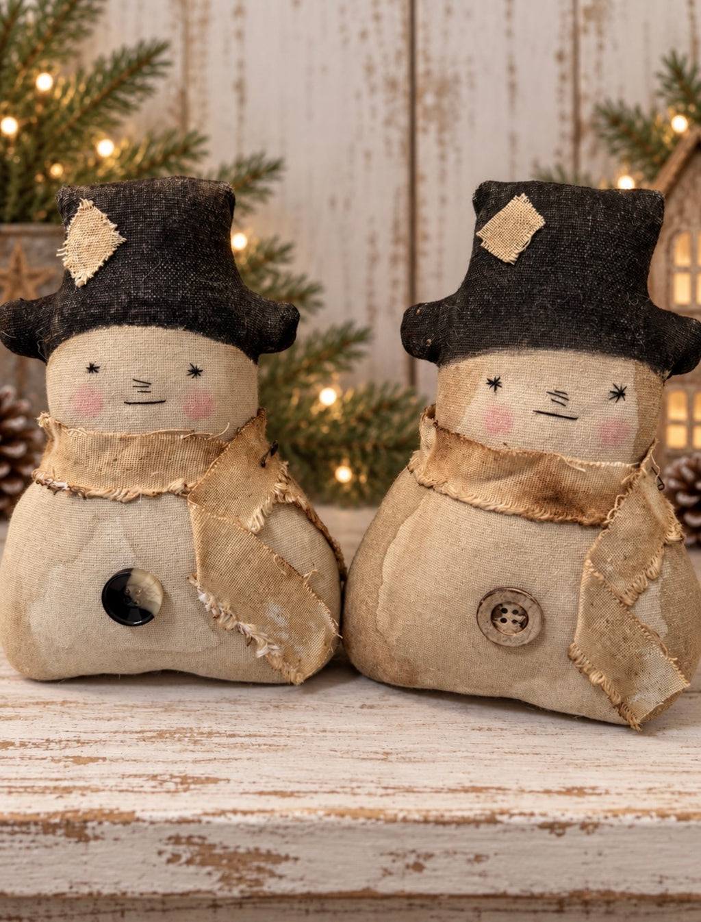 Primitive Snowman Doll – Handmade Rustic Winter Folk Art Shelf Sitter