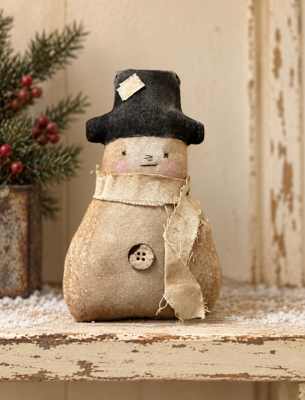 Primitive Snowman Doll – Handmade Rustic Winter Folk Art Shelf Sitter