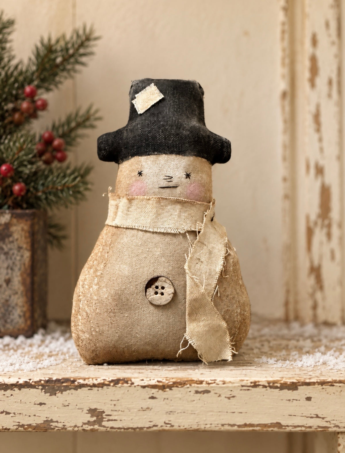 Primitive Snowman Doll – Handmade Rustic Winter Folk Art Shelf Sitter