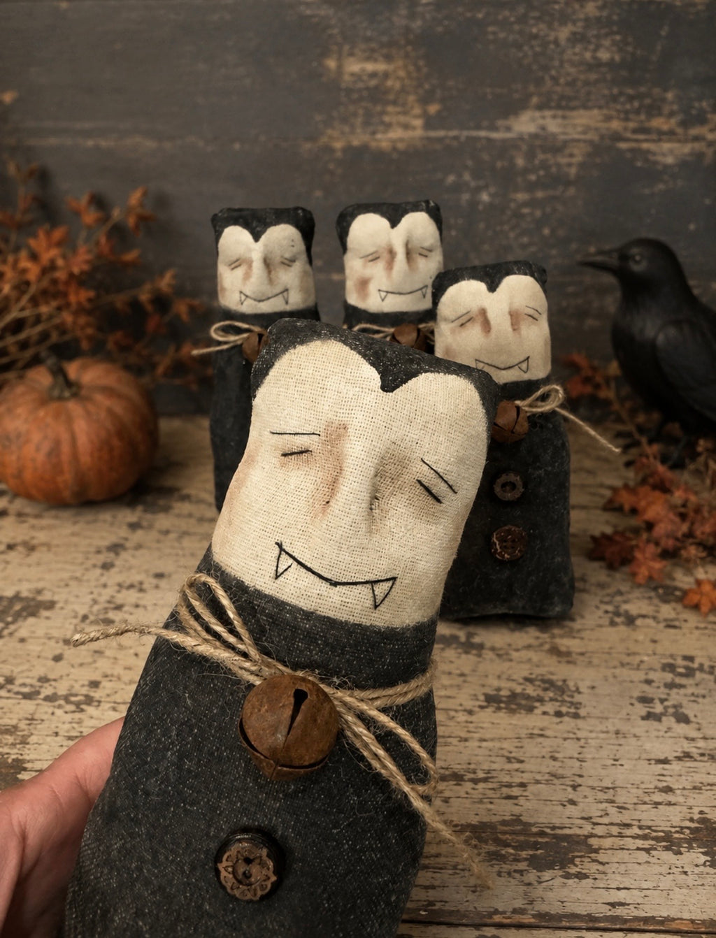 Primitive Vampire Doll, Handmade Dracula Shelf Sitter, Gothic Halloween Decor, Rustic Farmhouse Art Doll